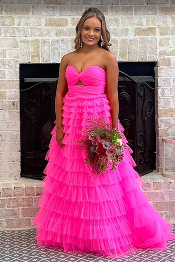 Fuchsia Sweetheart A Line Tiered Long Tulle Prom Dress