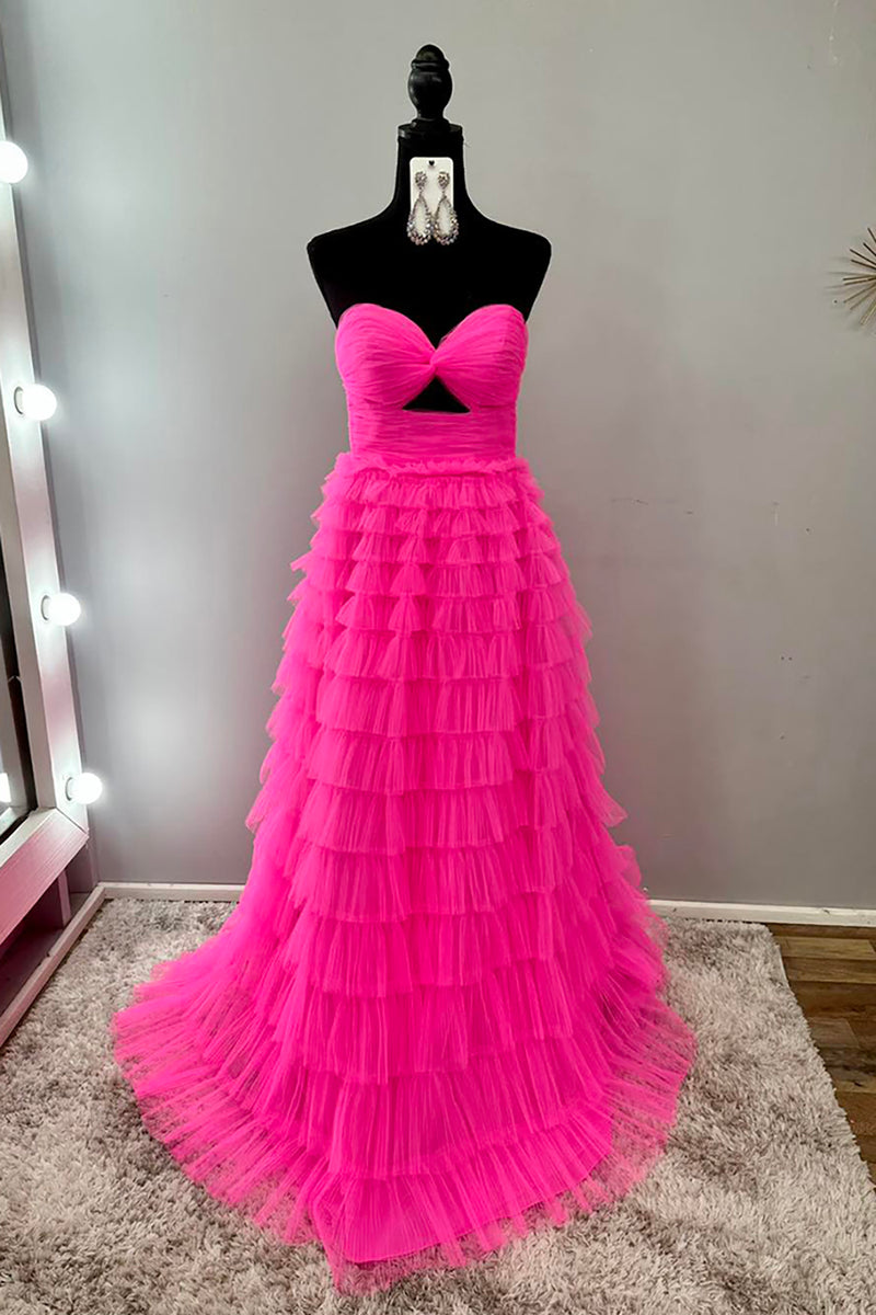 Load image into Gallery viewer, Fuchsia Sweetheart A Line Tiered Long Tulle Prom Dress