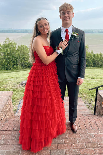 Fuchsia Sweetheart A Line Tiered Long Tulle Prom Dress