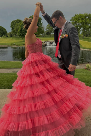 Pink A Line Spaghetti Straps Tiered Long Corset Prom Dress