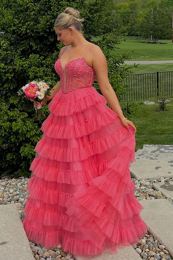 Pink A Line Spaghetti Straps Tiered Long Corset Prom Dress