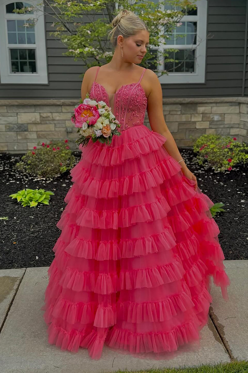 Load image into Gallery viewer, Pink A Line Spaghetti Straps Tiered Long Corset Prom Dress