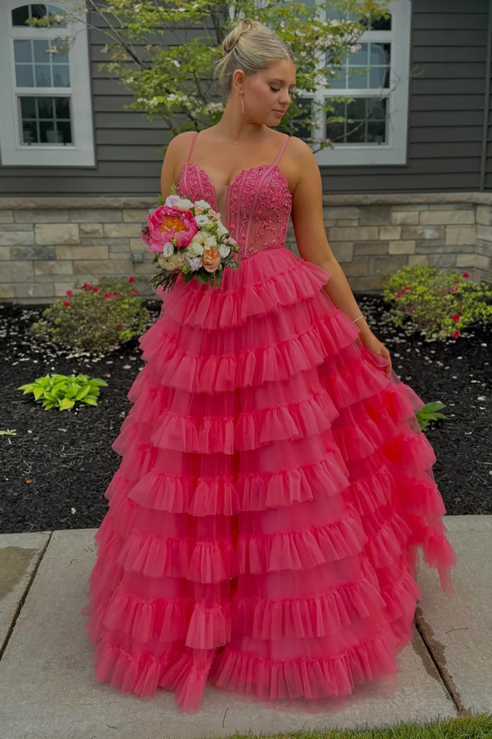 Pink A Line Spaghetti Straps Tiered Long Corset Prom Dress