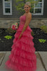 Load image into Gallery viewer, Pink A Line Spaghetti Straps Tiered Long Corset Prom Dress