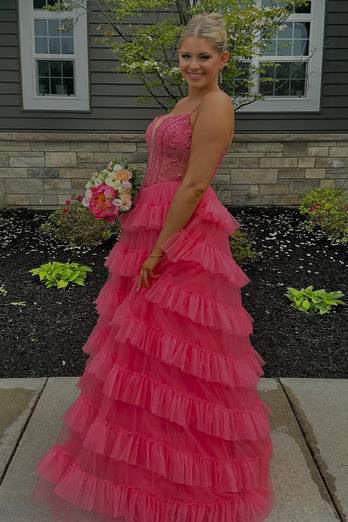 Pink A Line Spaghetti Straps Tiered Long Corset Prom Dress