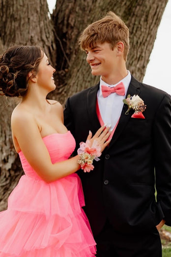 Light Pink Strapless A Line Tiered Long Tulle Prom Dress