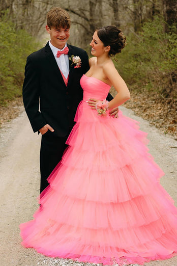 Light Pink Strapless A Line Tiered Long Tulle Prom Dress