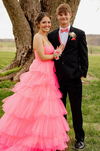 Light Pink Strapless A Line Tiered Long Tulle Prom Dress