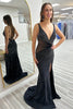 Load image into Gallery viewer, Sparkly Black Beaded V-Neck Backless Long Prom Dress with Slit