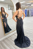 Load image into Gallery viewer, Sparkly Black Beaded V-Neck Backless Long Prom Dress with Slit