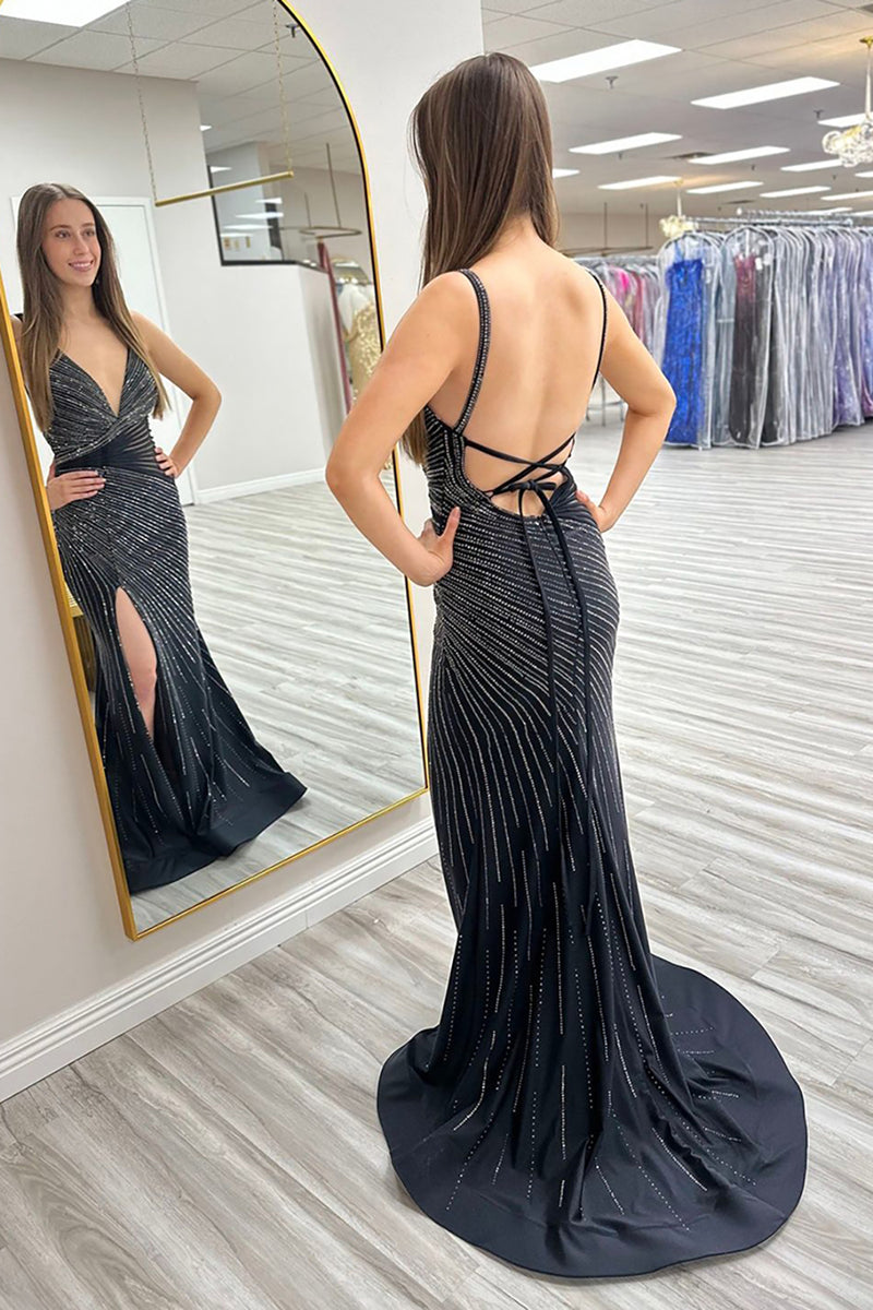 Load image into Gallery viewer, Sparkly Black Beaded V-Neck Backless Long Prom Dress with Slit