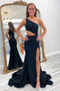 Load image into Gallery viewer, Sparkly Black Beaded One Shoulder Long Satin Prom Dress with Slit