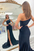 Load image into Gallery viewer, Sparkly Black Beaded One Shoulder Long Satin Prom Dress with Slit