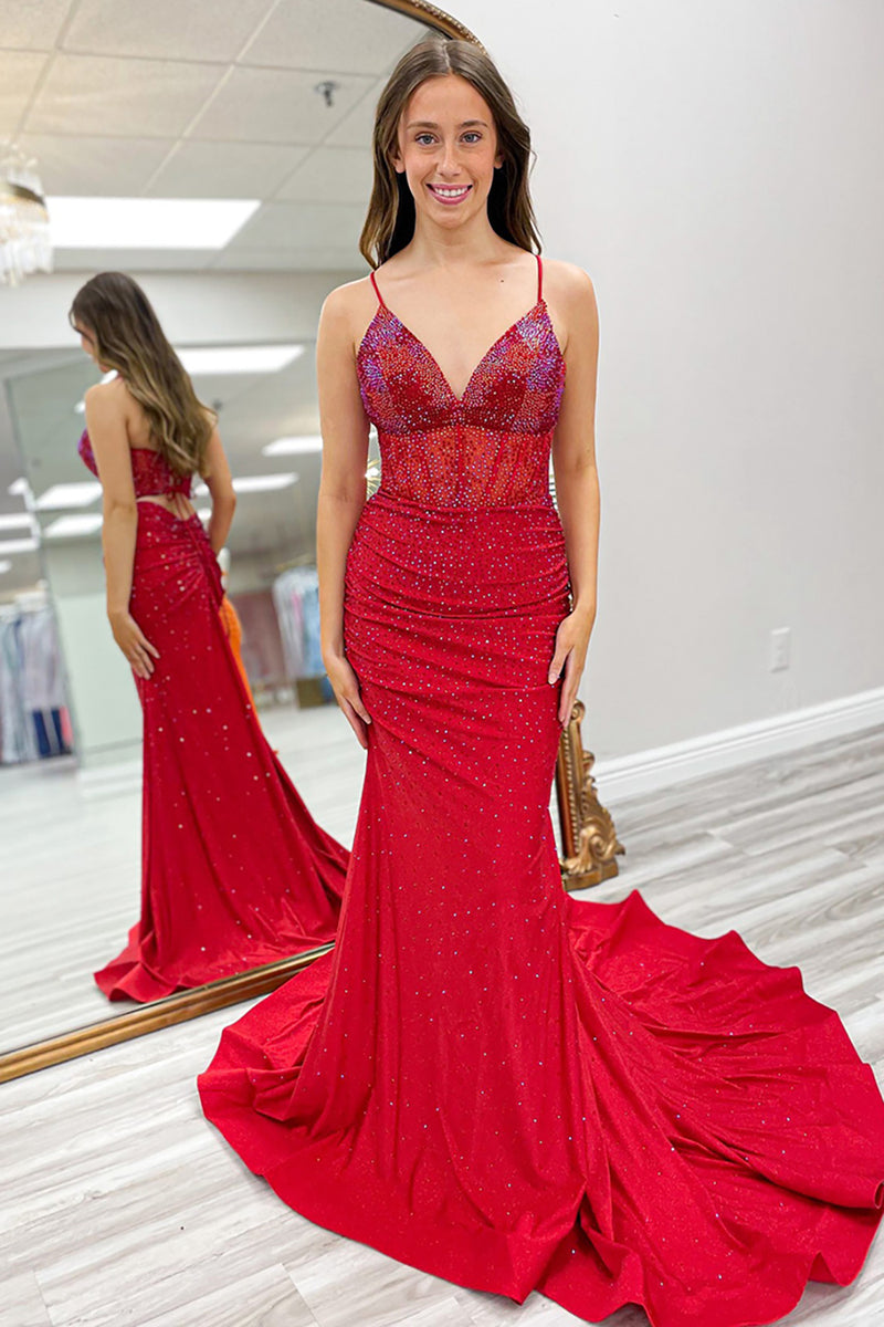 Load image into Gallery viewer, Sparkly Red Beaded Spaghetti Straps Long Corset Prom Dress