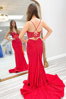 Sparkly Red Beaded Spaghetti Straps Long Corset Prom Dress