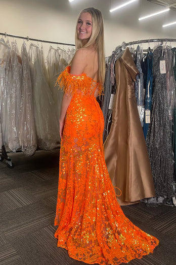 Sparkly Orange Corset Floral Feather Long Prom Dress with Slit