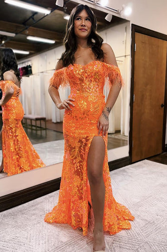 Sparkly Orange Corset Off the Shoulder Long Prom Dress with Feathers