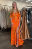 Load image into Gallery viewer, Sparkly Orange Corset Floral Feather Long Prom Dress with Slit