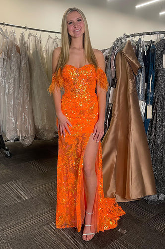 Sparkly Orange Corset Floral Feather Long Prom Dress with Slit