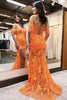 Load image into Gallery viewer, Sparkly Orange Corset Off the Shoulder Long Prom Dress with Feathers