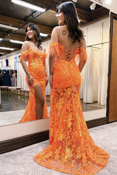 Sparkly Orange Corset Off the Shoulder Long Prom Dress with Feathers