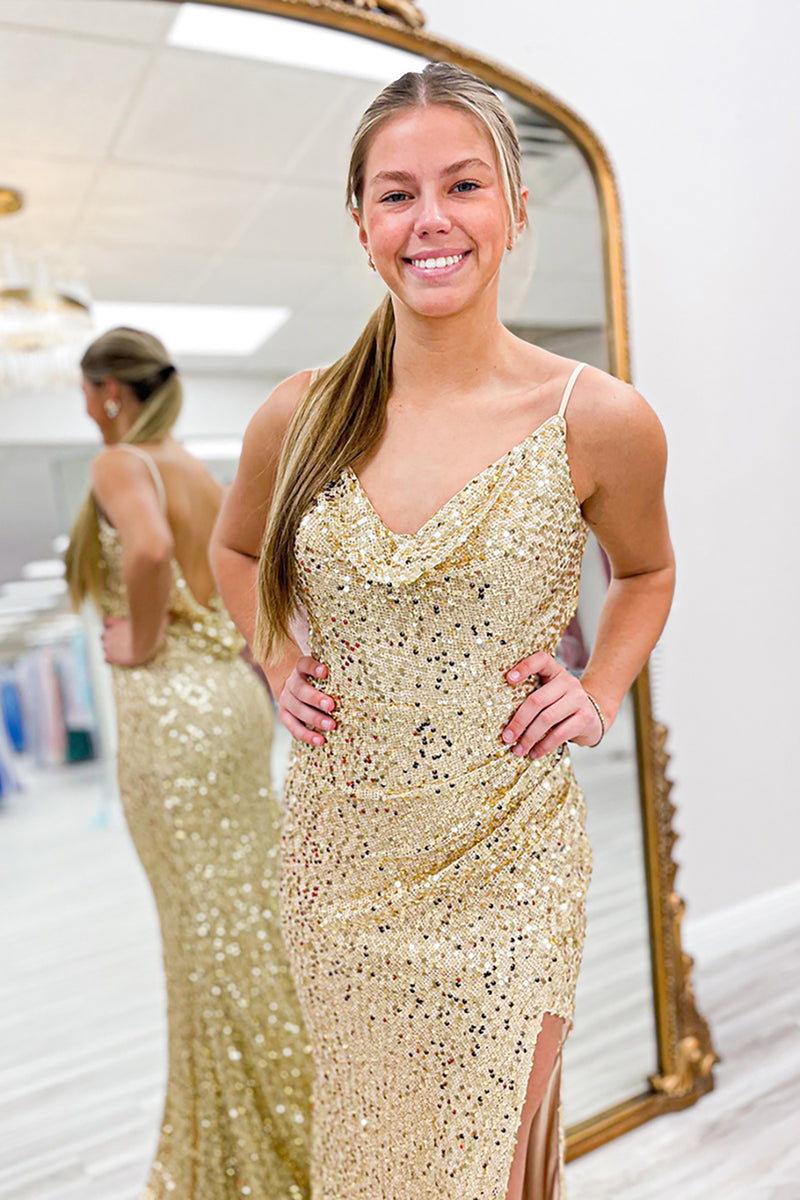 Load image into Gallery viewer, Sparkly Gold Sequin Spaghetti Straps Long Prom Dress with Slit