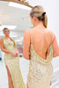 Load image into Gallery viewer, Sparkly Gold Sequin Spaghetti Straps Long Prom Dress with Slit