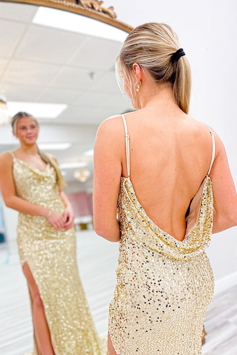 Load image into Gallery viewer, Sparkly Gold Sequin Spaghetti Straps Long Prom Dress with Slit