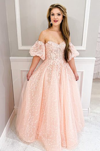 Floral Blush A Line Puff Sleeves Strapless Long Corset Prom Dress