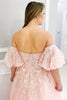 Load image into Gallery viewer, Floral Blush A Line Puff Sleeves Strapless Long Corset Prom Dress