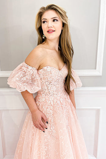 Floral Blush A Line Puff Sleeves Strapless Long Corset Prom Dress