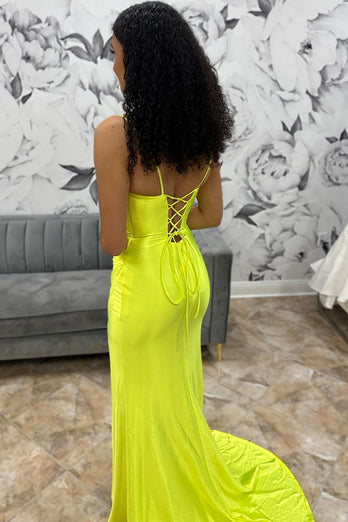 Yellow Mermaid Spaghetti Straps Long Prom Dress with Slit