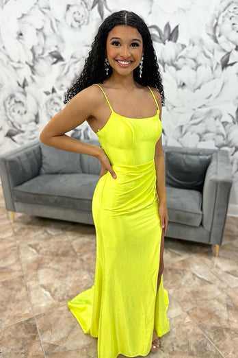 Yellow Mermaid Spaghetti Straps Long Prom Dress with Slit