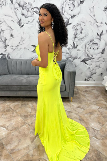 Yellow Mermaid Spaghetti Straps Long Prom Dress with Slit