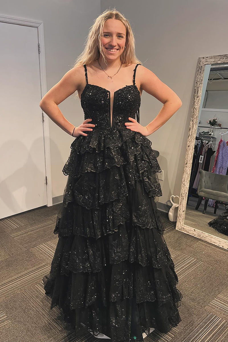 Load image into Gallery viewer, Sparkly Black Spaghetti Straps Tiered Long Corset Prom Dress with Slit