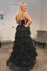 Load image into Gallery viewer, Sparkly Black Spaghetti Straps Tiered Long Corset Prom Dress with Slit