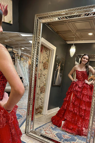 Sparkly Red Strapless Tiered Sequin Long Corset Prom Dress with Slit