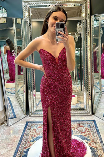 Sparkly Fuchsia Strapless Mermaid Long Sequin Prom Dress with Slit