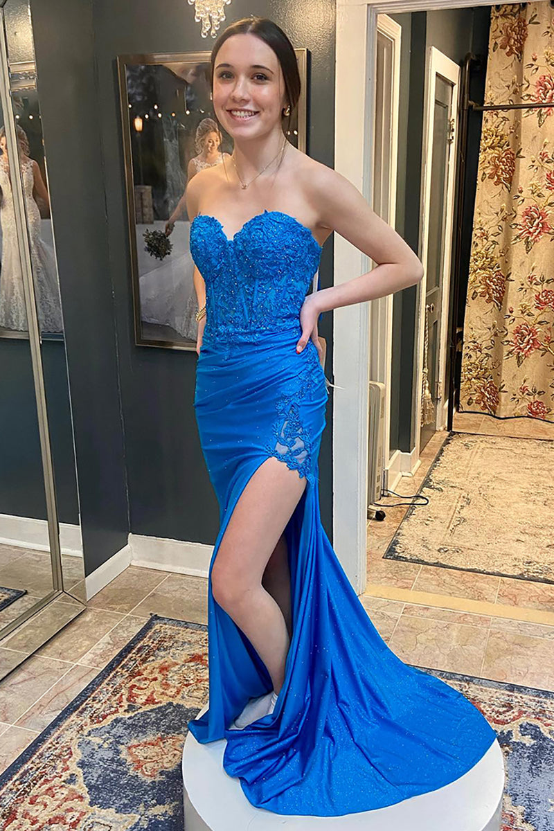 Load image into Gallery viewer, Sparkly Blue Sweetheart Appliqued Long Corset Prom Dress with Slit