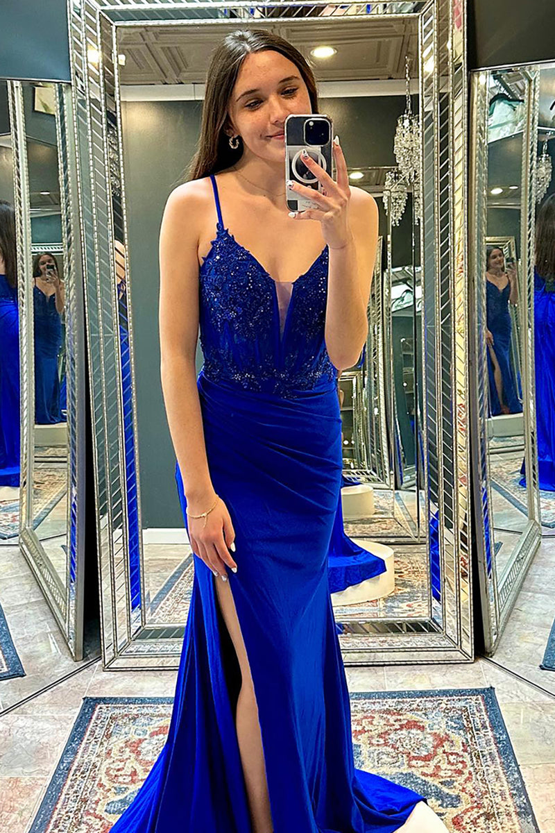 Load image into Gallery viewer, Sparkly Royal Blue Spaghetti Straps Long Corset Prom Dress with Slit