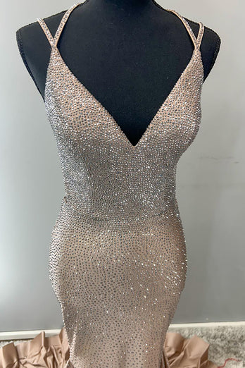 Sparkly Gold Mermaid Spaghetti Straps Long Beaded Prom Dress