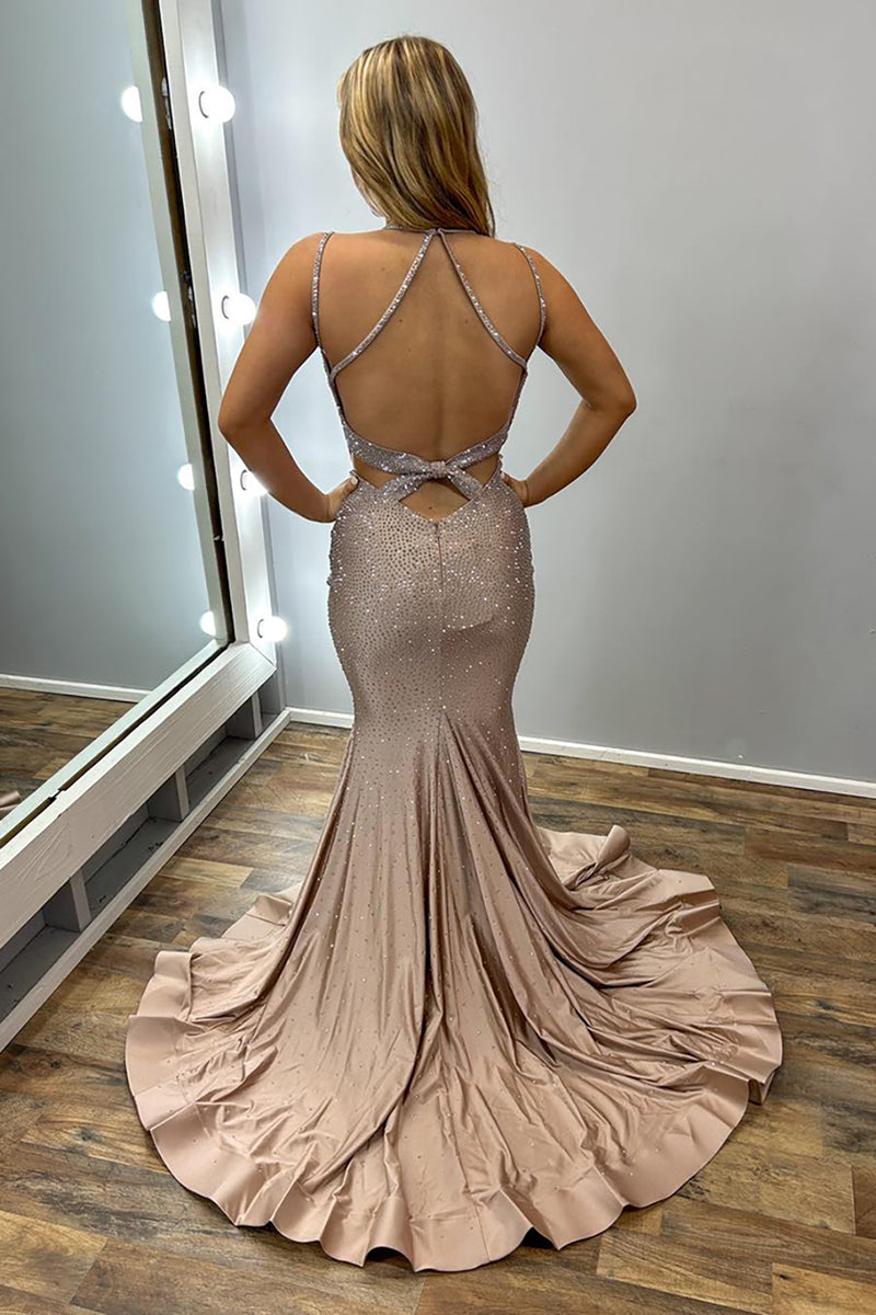 Load image into Gallery viewer, Sparkly Gold Mermaid Spaghetti Straps Long Beaded Prom Dress