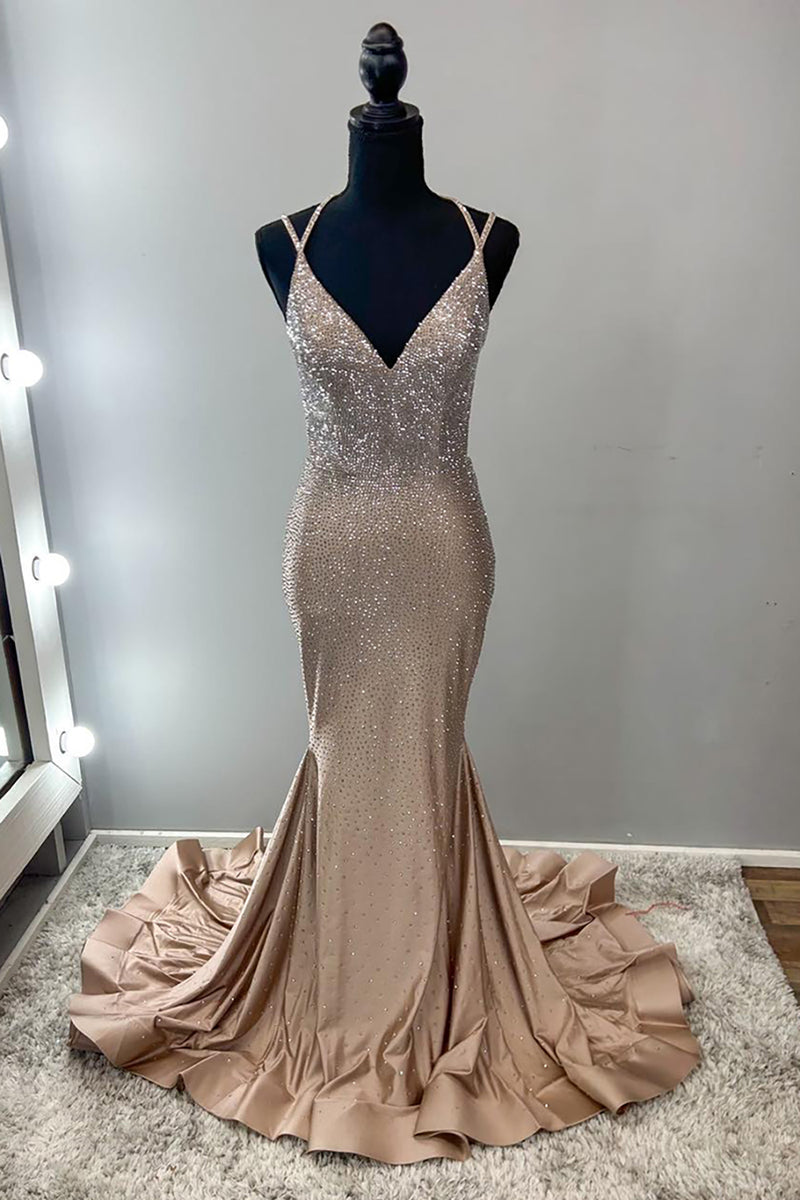 Load image into Gallery viewer, Sparkly Gold Mermaid Spaghetti Straps Long Beaded Prom Dress