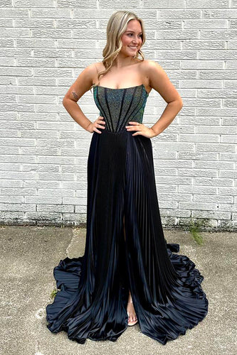 Sparkly Black Beaded Pleated Long Corset Prom Dress with Slit