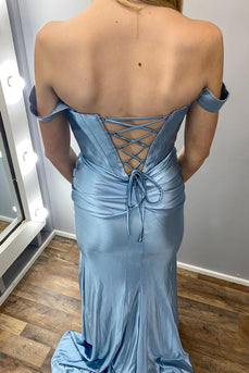 Grey Blue Off the Shoulder Mermaid Long Corset Prom Dress with Slit