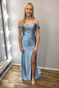 Load image into Gallery viewer, Grey Blue Off the Shoulder Mermaid Long Corset Prom Dress with Slit