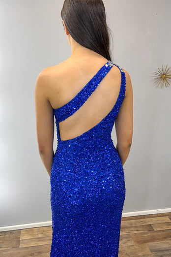 Sparkly Royal Blue Sequin One Shoulder Long Prom Dress with Slit