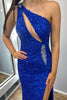 Load image into Gallery viewer, Sparkly Royal Blue Sequin One Shoulder Long Prom Dress with Slit