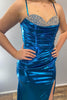 Load image into Gallery viewer, Sparkly Turquoise Beaded Spaghetti Straps Long Prom Dress with Slit