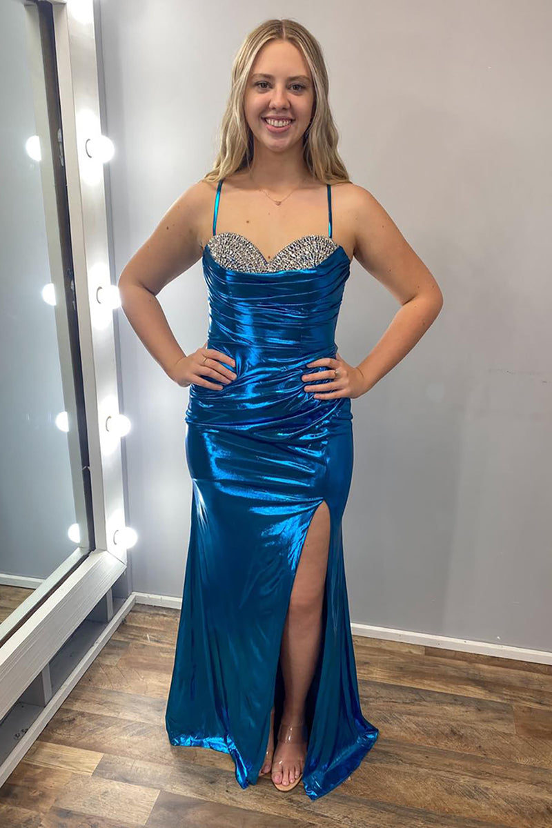 Load image into Gallery viewer, Sparkly Turquoise Beaded Spaghetti Straps Long Prom Dress with Slit